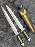 48CM Double-Edged Dagger - 9Cr18MoV Satin Blade, Ebony & Acrylic Inlay Handle with Leather Sheath