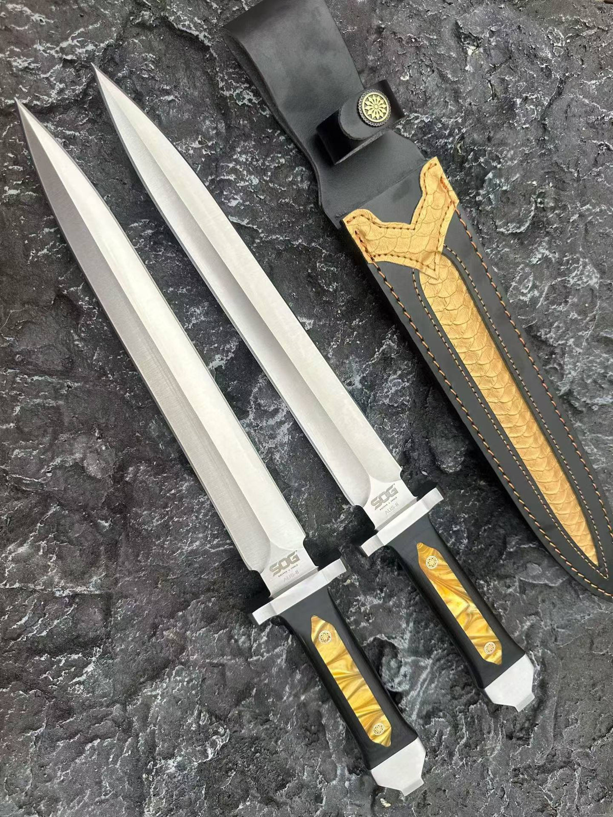 48CM Double-Edged Dagger - 9Cr18MoV Satin Blade, Ebony & Acrylic Inlay Handle with Leather Sheath
