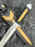 48CM Double-Edged Dagger - 9Cr18MoV Satin Blade, Ebony & Acrylic Inlay Handle with Leather Sheath