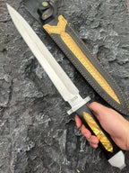 48CM Double-Edged Dagger - 9Cr18MoV Satin Blade, Ebony & Acrylic Inlay Handle with Leather Sheath