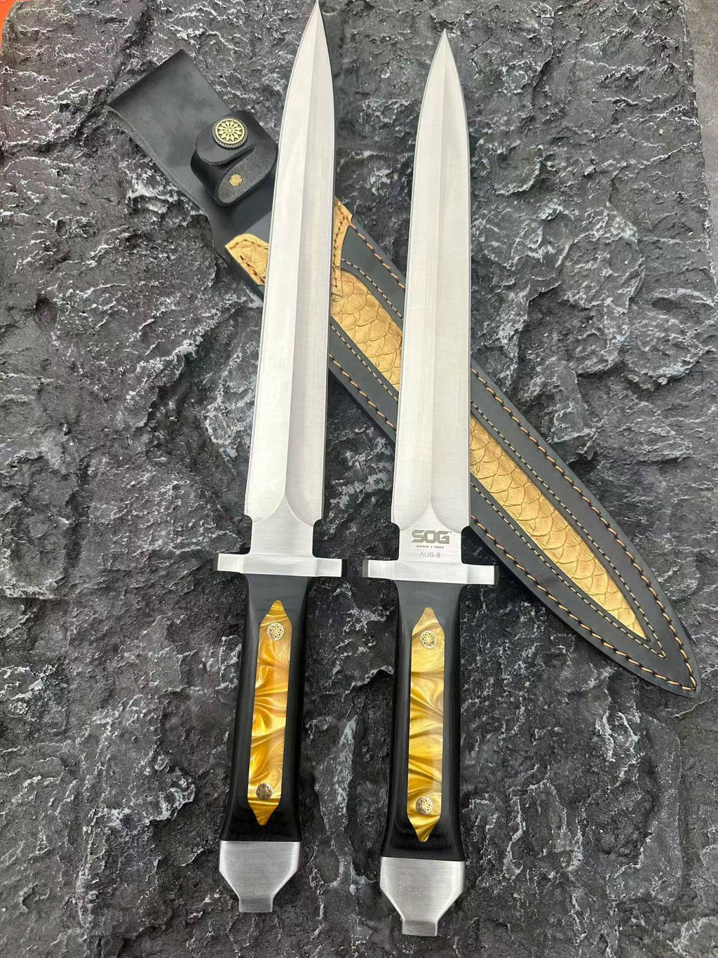 48CM Double-Edged Dagger - 9Cr18MoV Satin Blade, Ebony & Acrylic Inlay Handle with Leather Sheath