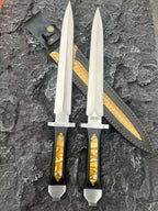 48CM Double-Edged Dagger - 9Cr18MoV Satin Blade, Ebony & Acrylic Inlay Handle with Leather Sheath