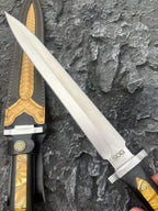 48CM Double-Edged Dagger - 9Cr18MoV Satin Blade, Ebony & Acrylic Inlay Handle with Leather Sheath