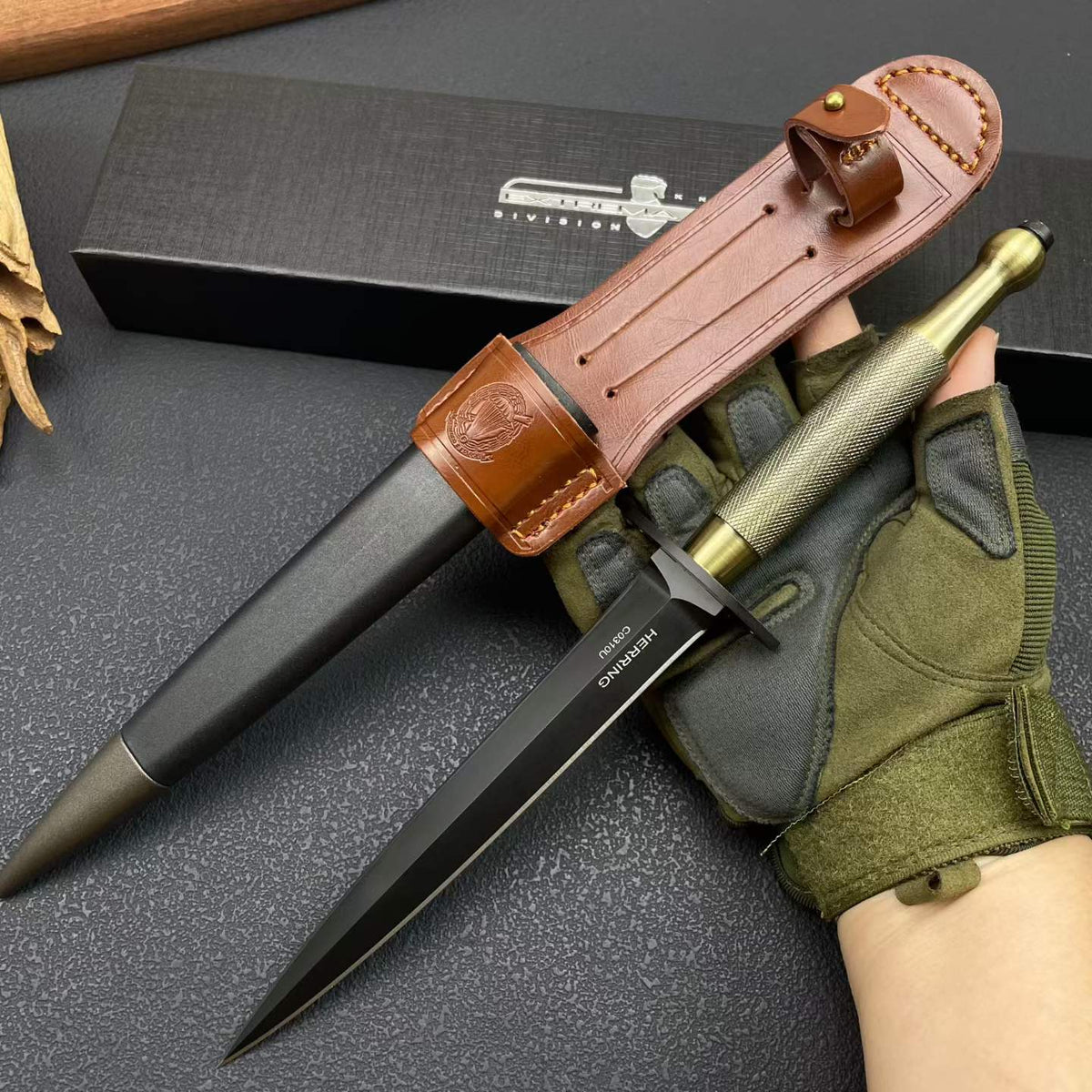 29CM Double-Edged Dagger - 8Cr14MoV Black Blade, Solid Brass Handle with Sheath