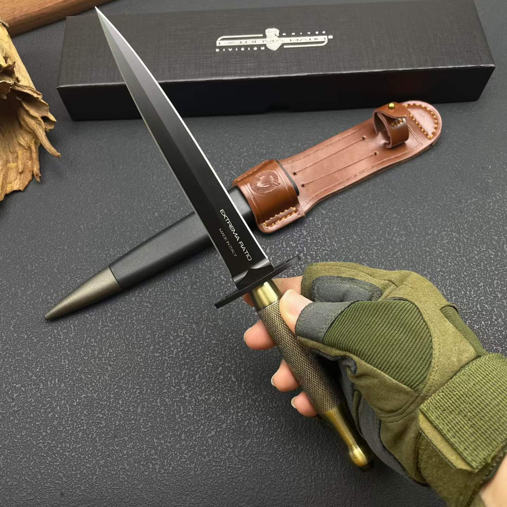 29CM Double-Edged Dagger - 8Cr14MoV Black Blade, Solid Brass Handle with Sheath