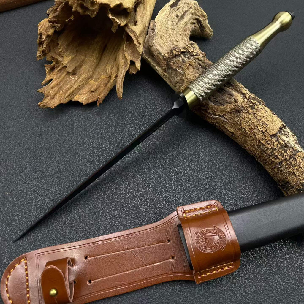 29CM Double-Edged Dagger - 8Cr14MoV Black Blade, Solid Brass Handle with Sheath