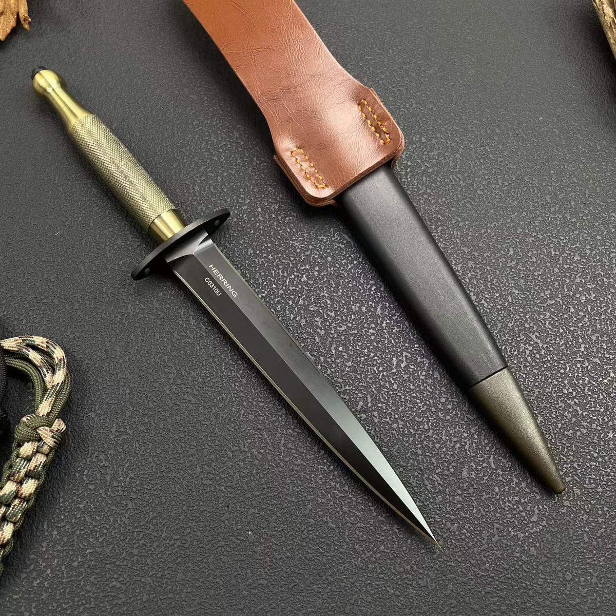 29CM Double-Edged Dagger - 8Cr14MoV Black Blade, Solid Brass Handle with Sheath
