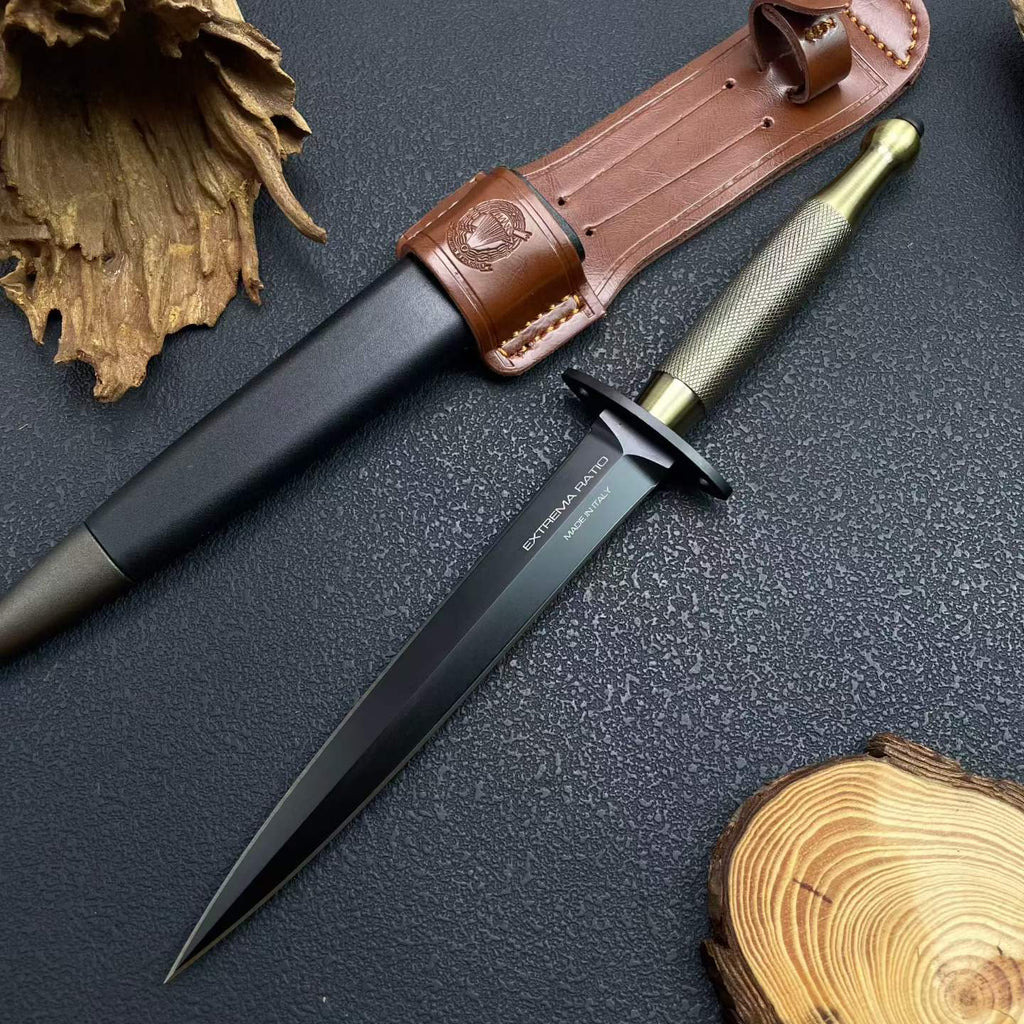 29CM Double-Edged Dagger - 8Cr14MoV Black Blade, Solid Brass Handle with Sheath