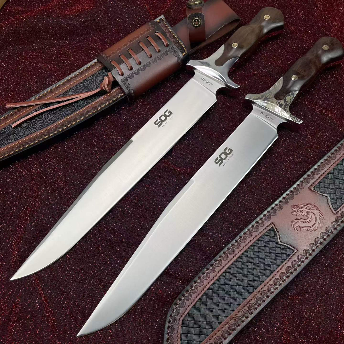 48CM Full Tang Fixed Blade Bowie Knife - 9Cr15MoV Steel, Rosewood Handle with Leather Sheath