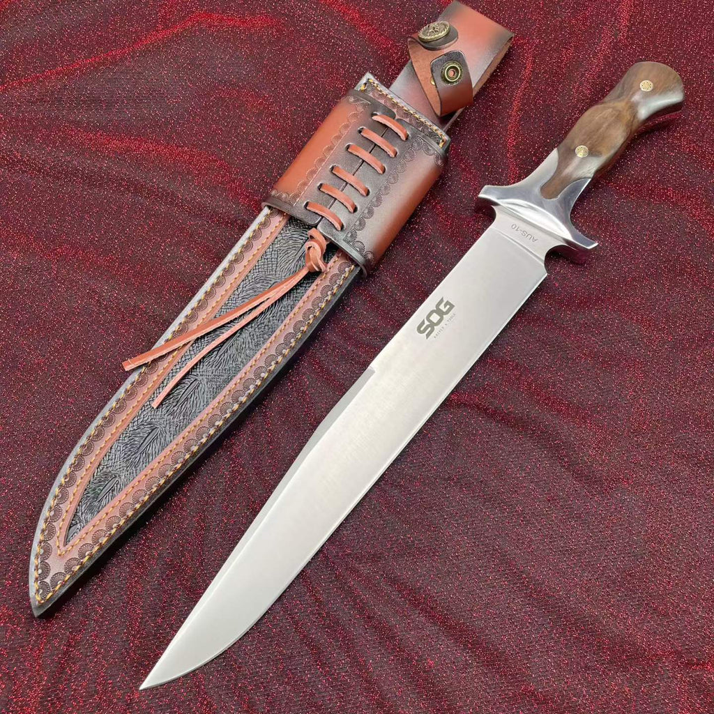 48CM Full Tang Fixed Blade Bowie Knife - 9Cr15MoV Steel, Rosewood Handle with Leather Sheath