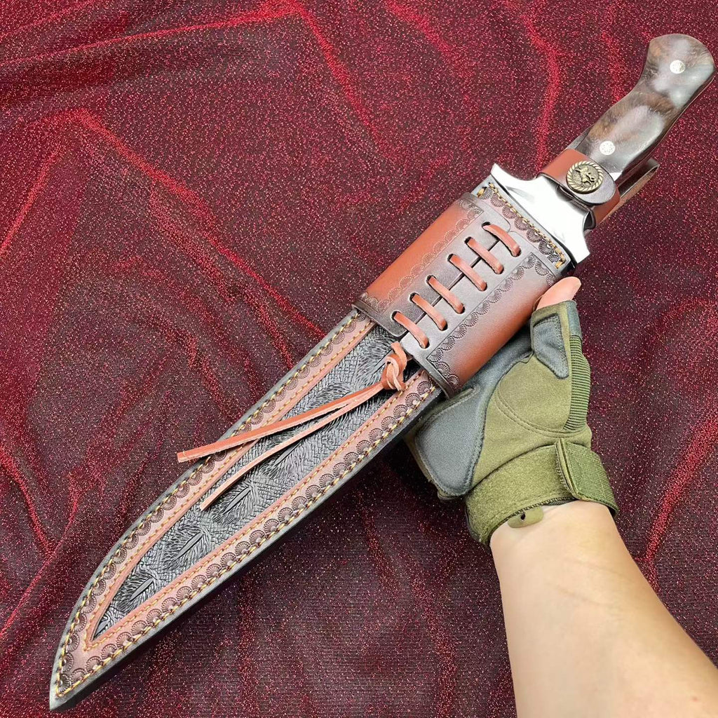 48CM Full Tang Fixed Blade Bowie Knife - 9Cr15MoV Steel, Rosewood Handle with Leather Sheath