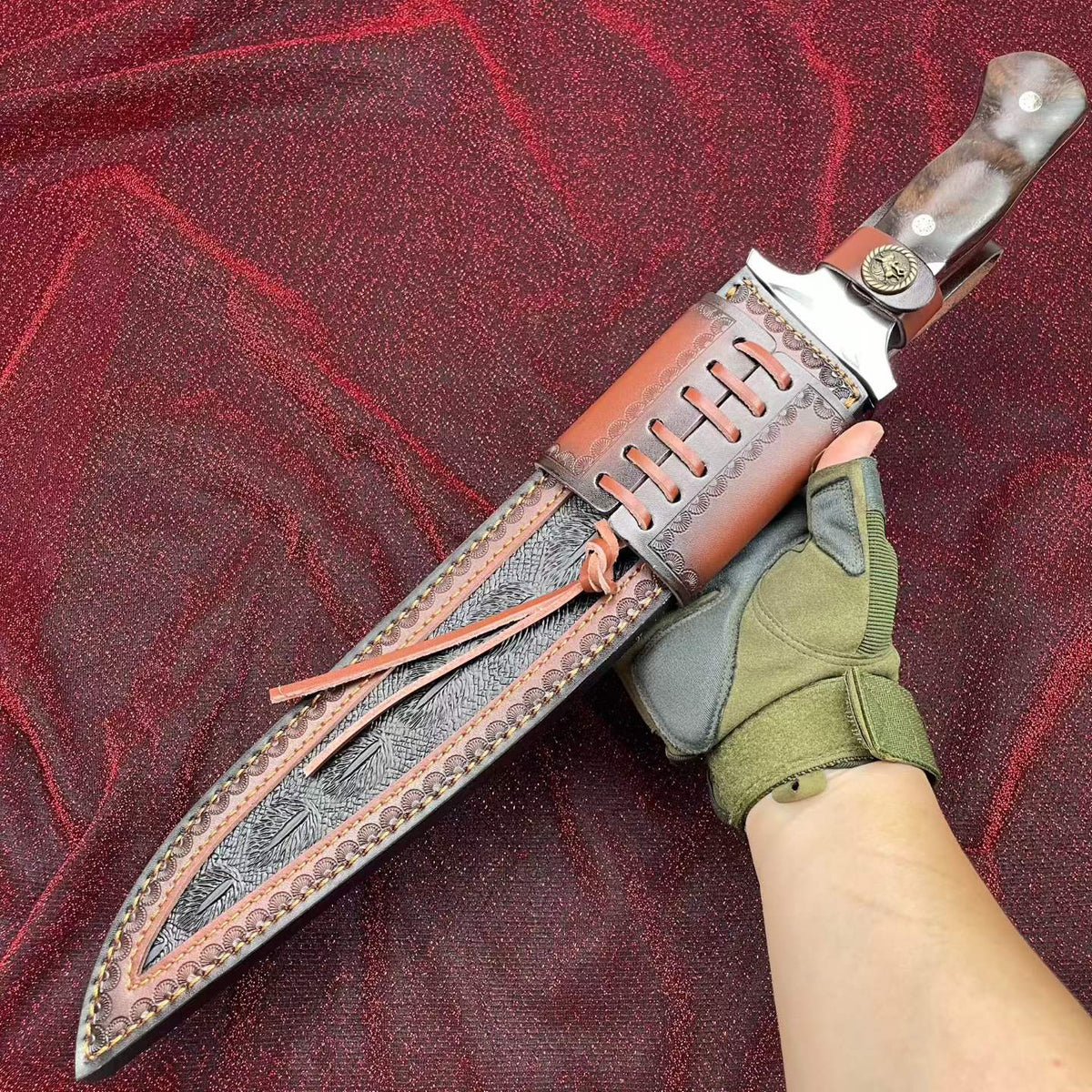 48CM Full Tang Fixed Blade Bowie Knife - 9Cr15MoV Steel, Rosewood Handle with Leather Sheath