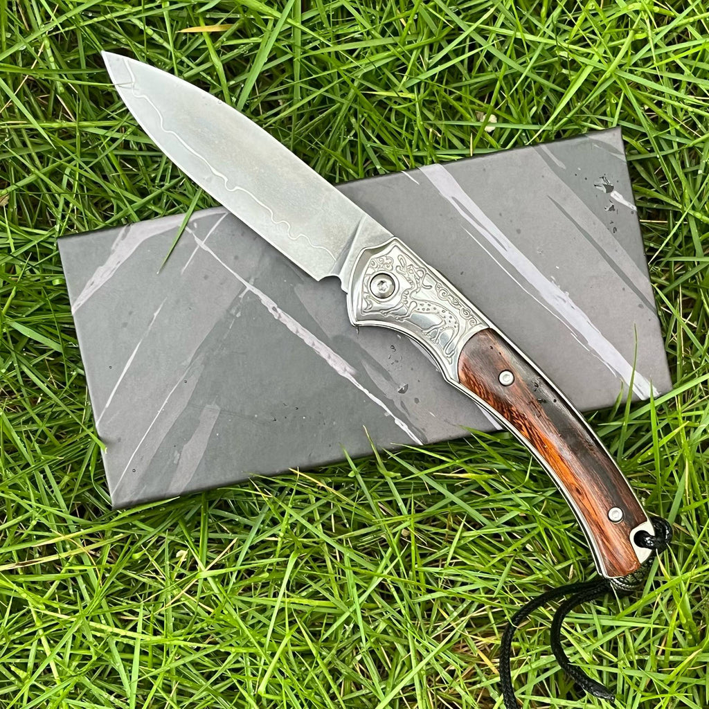 Premium Folding Knife - 9Cr14 Core Steel Blade, Desert Ironwood Handle with Engraved Bolster (18cm)