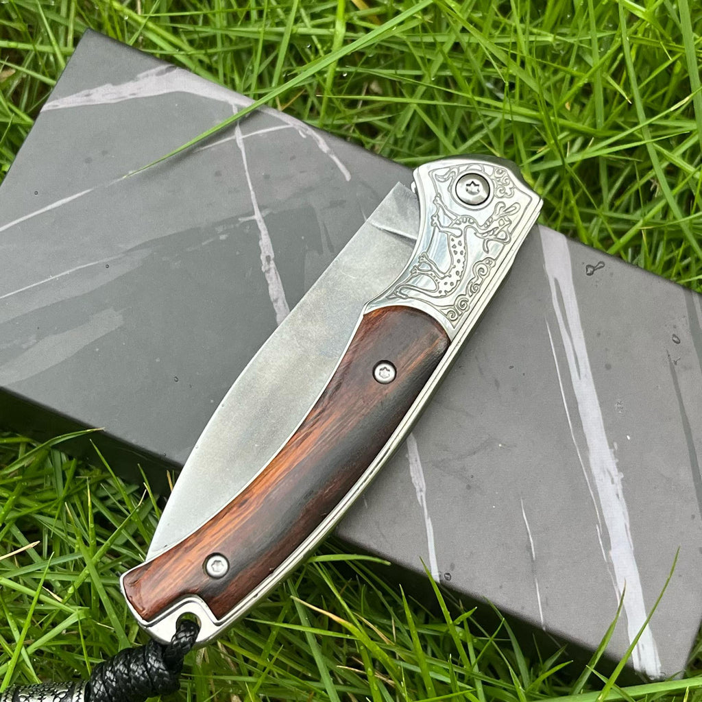 Premium Folding Knife - 9Cr14 Core Steel Blade, Desert Ironwood Handle with Engraved Bolster (18cm)