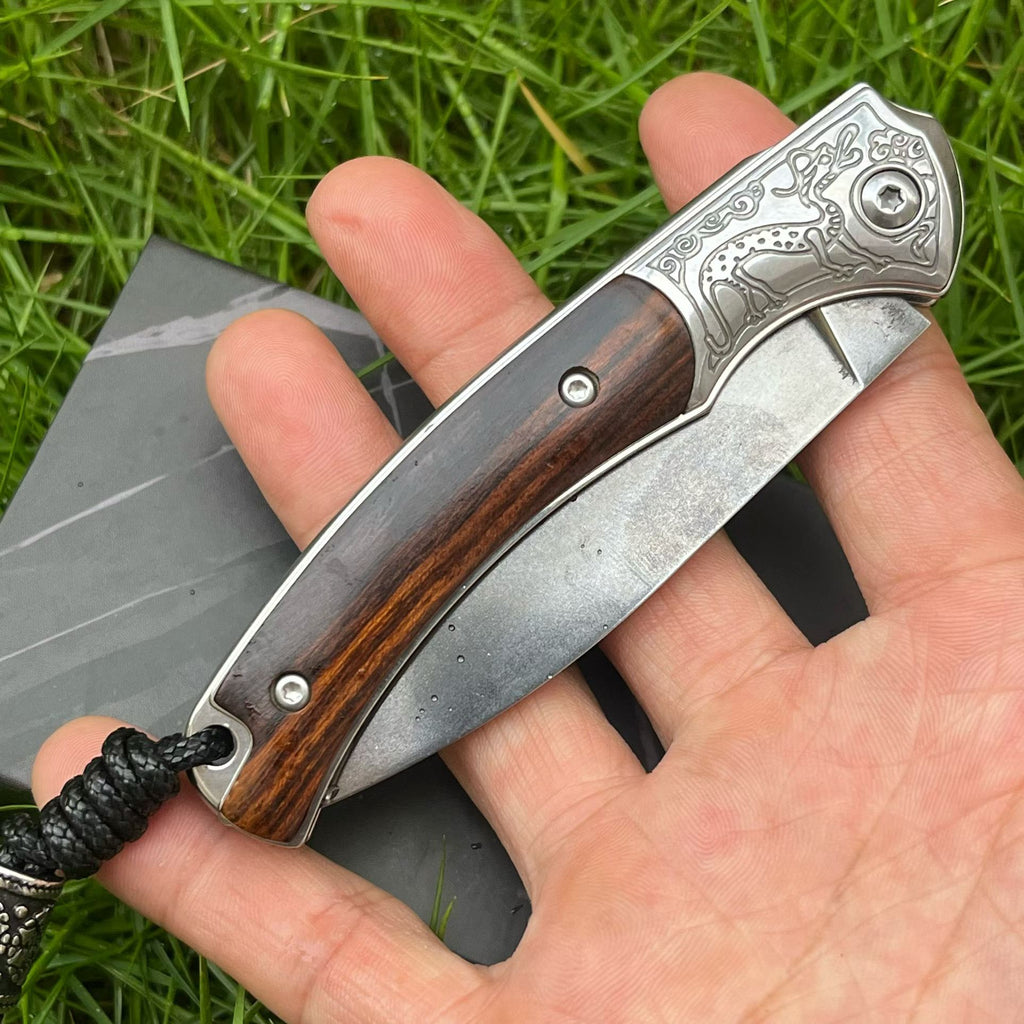 Premium Folding Knife - 9Cr14 Core Steel Blade, Desert Ironwood Handle with Engraved Bolster (18cm)
