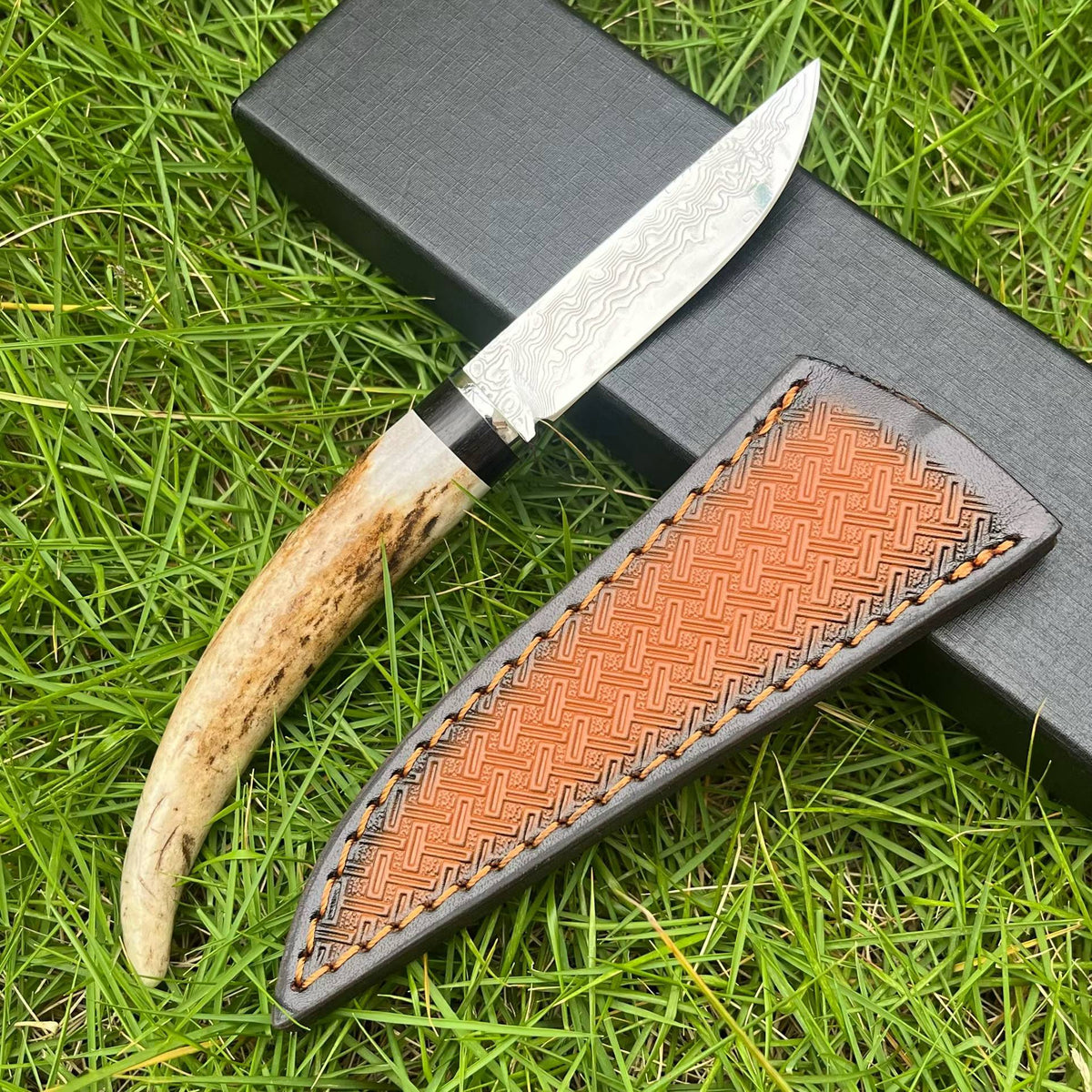 Handcrafted Damascus Steel Fixed Blade Knife – Natural Stag Antler Handle