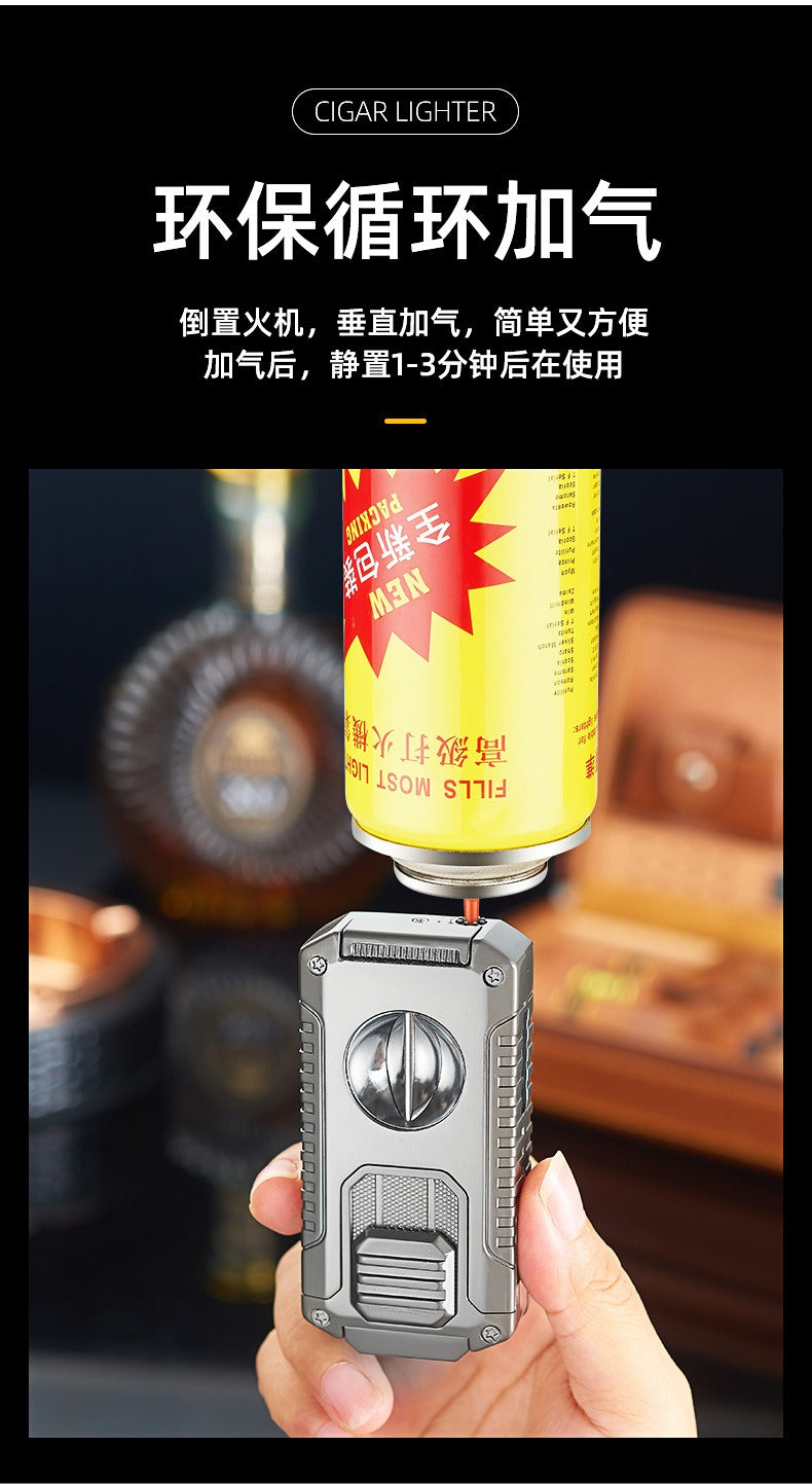 5-in-1 Triple Jet Cigar Lighter with V-Cutter Punch and Draw Tool