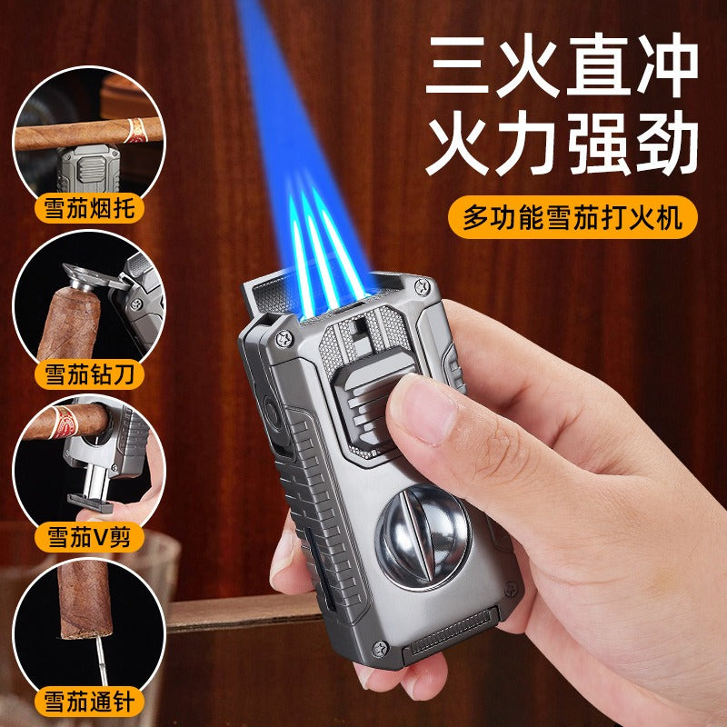 5-in-1 Triple Jet Cigar Lighter with V-Cutter Punch and Draw Tool