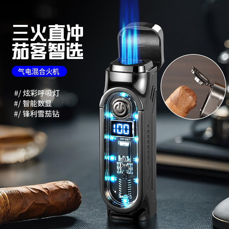 Windproof Triple Jet Cigar Lighter with LED Display and Cigar Punch