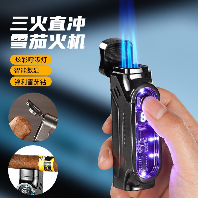 Windproof Triple Jet Cigar Lighter with LED Display and Cigar Punch