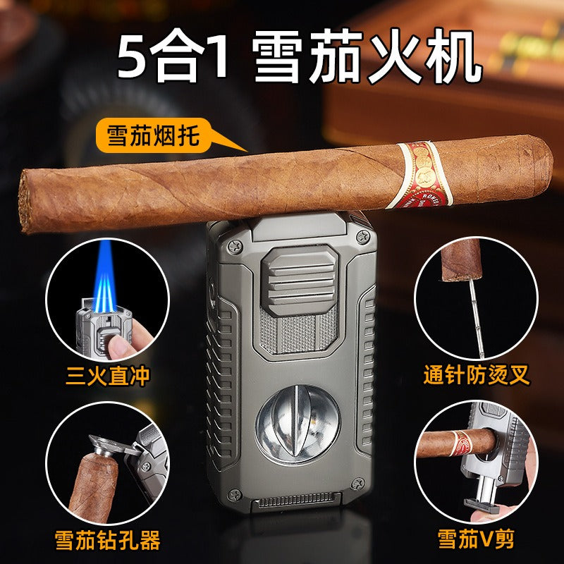 5-in-1 Triple Jet Cigar Lighter with V-Cutter Punch and Draw Tool