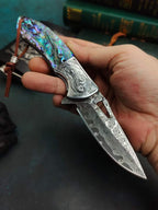 8'' New  Opening Shell Handle VG10 Damascus Blade Pocket Folding Tool VTF45