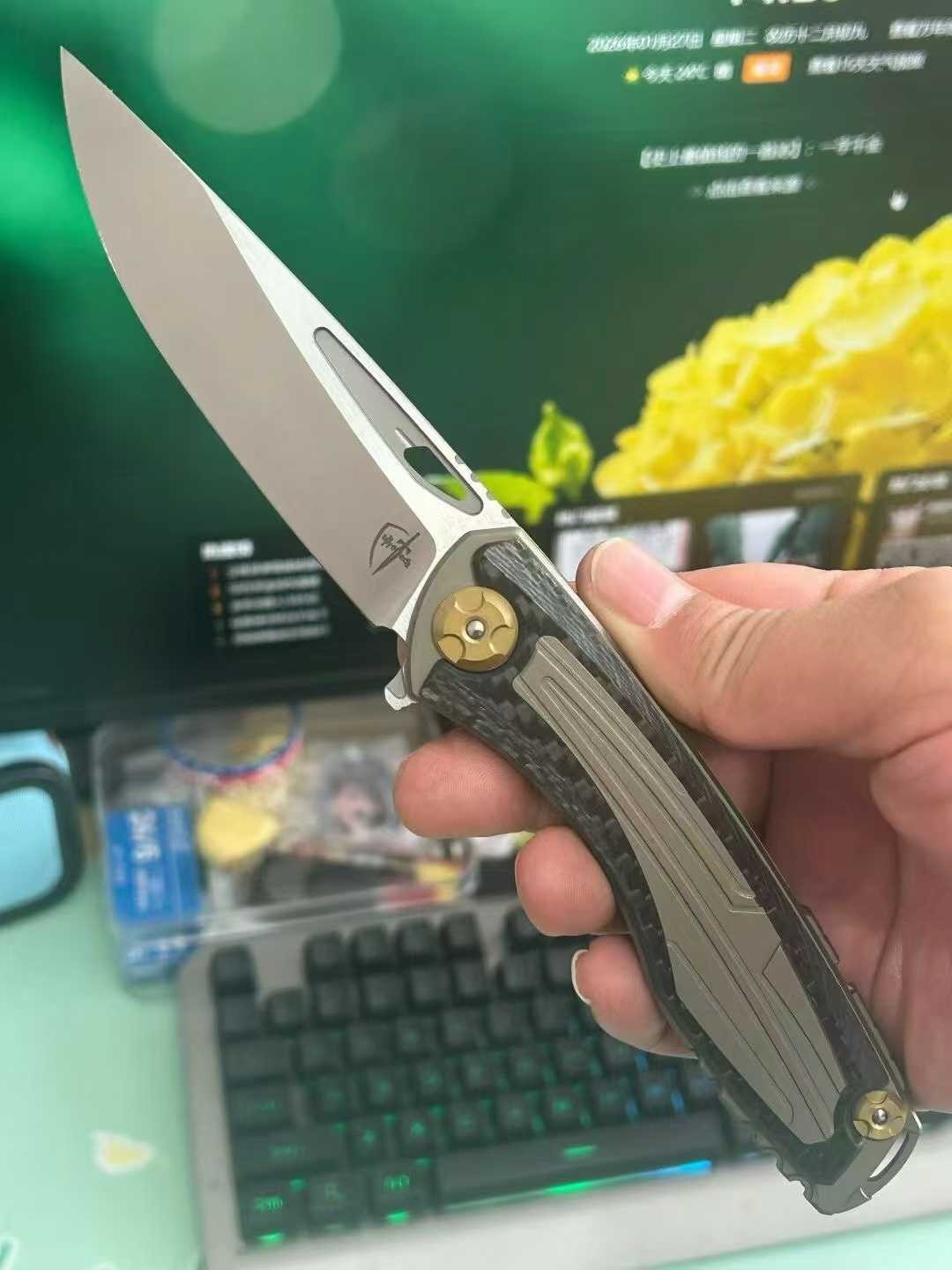 9'' New M390 Blade T4C inlaid  Carbon Fiber  Folding Knife VTF89