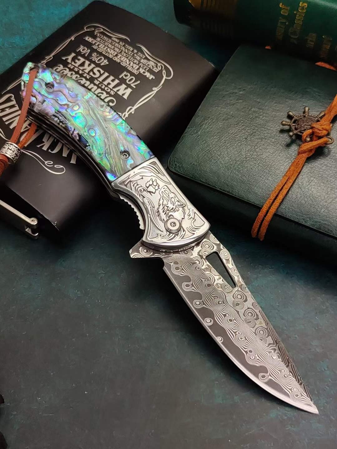 8'' New Fast Opening Shell Handle VG10 Damascus Blade Pocket Folding Knife VTF45