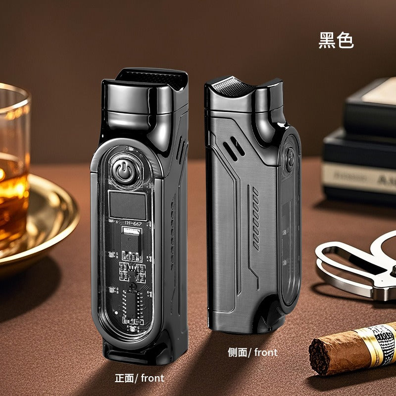 Windproof Triple Jet Cigar Lighter with LED Display and Cigar Punch