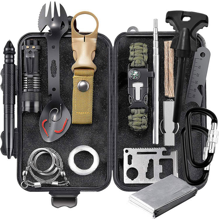 Outdoor Survival Kit — Multi-Tool Card, Spork, Paracord Bracelet & Emergency Blanket