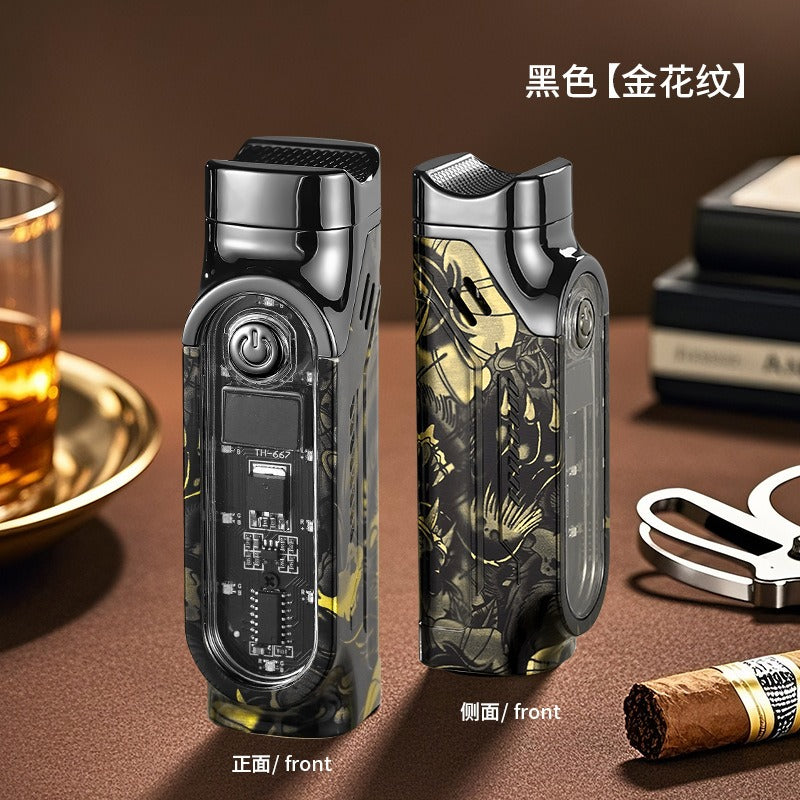 Windproof Triple Jet Cigar Lighter with LED Display and Cigar Punch