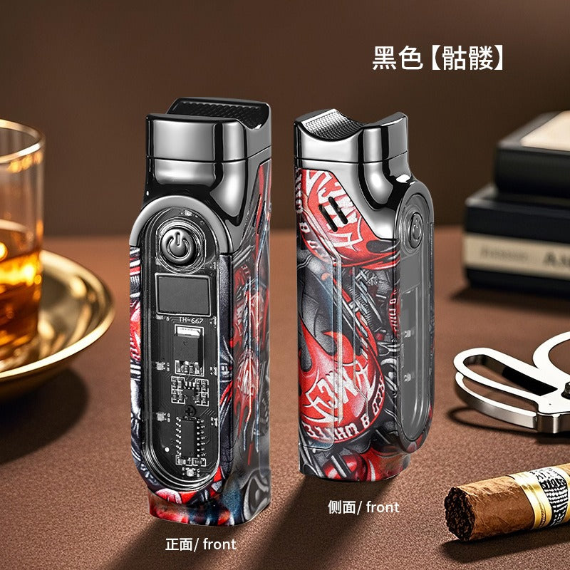 Windproof Triple Jet Cigar Lighter with LED Display and Cigar Punch