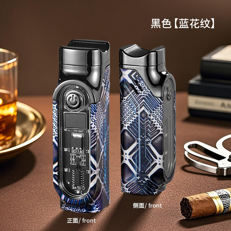 Windproof Triple Jet Cigar Lighter with LED Display and Cigar Punch