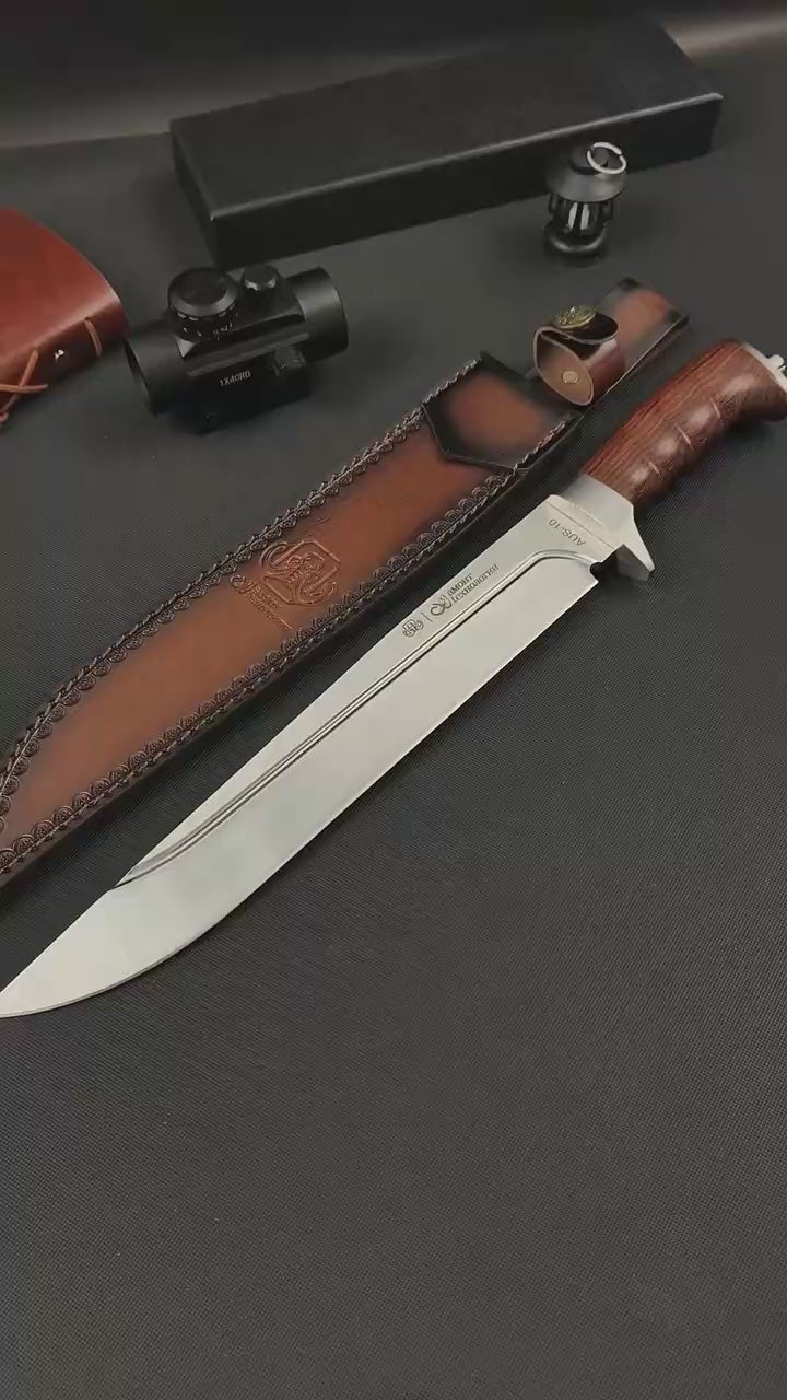 17'' New AUS-10 Steel Blade Wood Handle Camping Tactics Hunting Knife