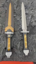 48CM Double-Edged Dagger - 9Cr18MoV Satin Blade, Ebony & Acrylic Inlay Handle with Leather Sheath
