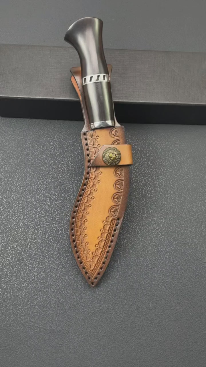 Damascus Steel Fixed Blade Knife - Ebony Handle with Leather Sheath
