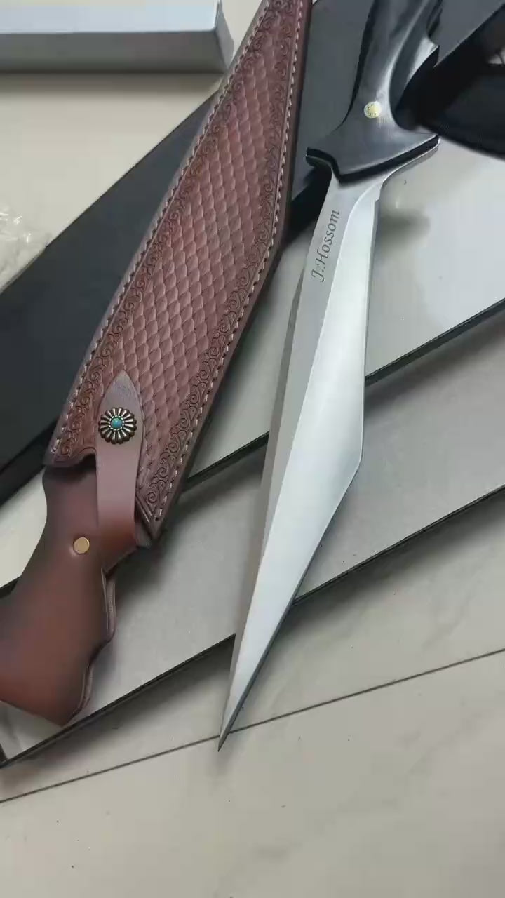 CPM-3V Full Tang Fixed Blade Knife - Black Gold Wood Handle with Leather Sheath