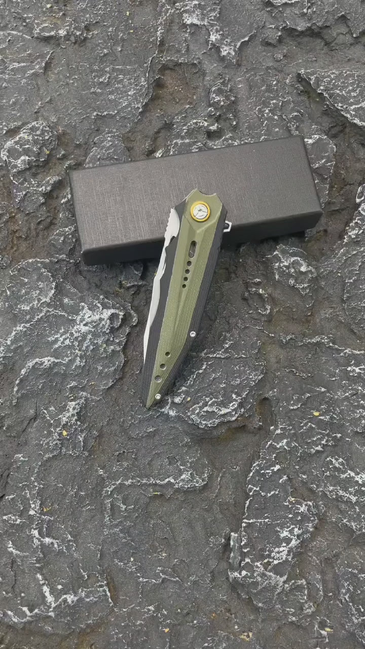 D2 Steel Folding Knife – 61-62 HRC CNC Ground Black & Green G10 Handle