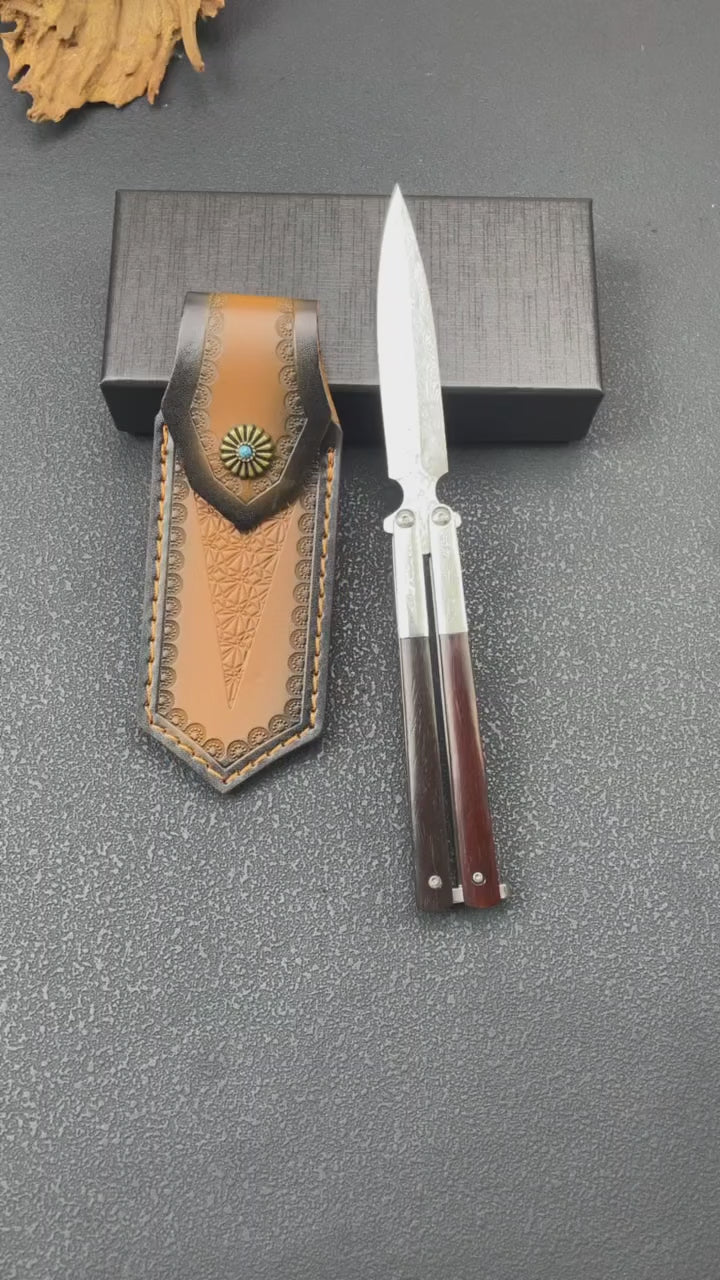 Damascus Butterfly Tool – 228-Layer VG10 Steel | Rosewood & CNC Steel Handle