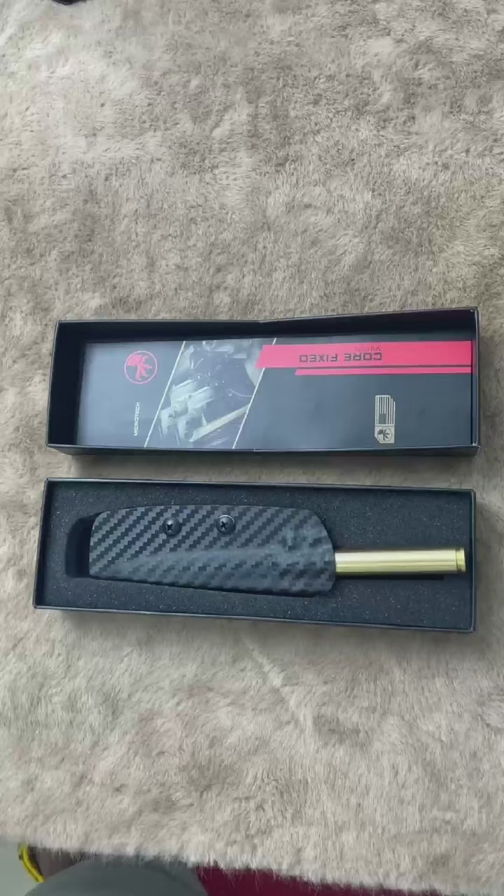 14C28N Fixed Blade Tool | Brass Bullet Handle | Carbon Fiber Kydex Sheath