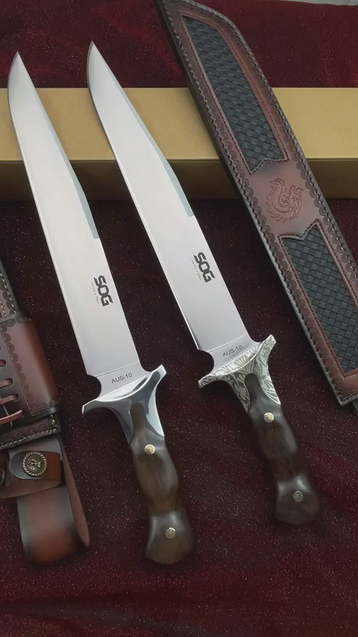 48CM Full Tang Fixed Blade Bowie Knife - 9Cr15MoV Steel, Rosewood Handle with Leather Sheath
