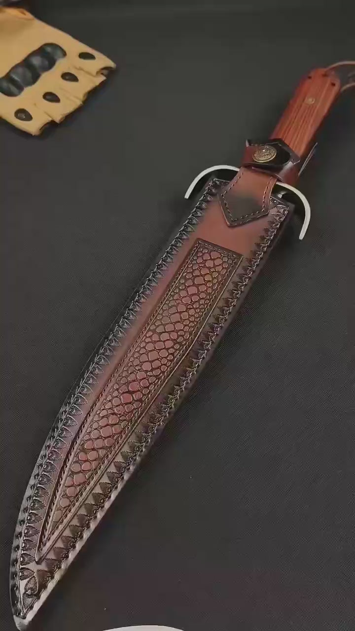 AUS-8 Red Sandalwood Fixed Blade Knife – 32cm Blade | Leather Sheath