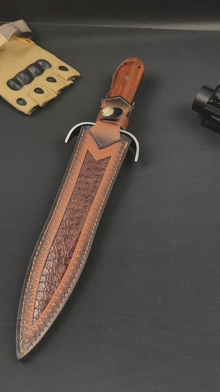 AUS-10 Bowie Knife – 28.6cm Double-Edge Blade | Red Sandalwood Handle & Leather Sheath