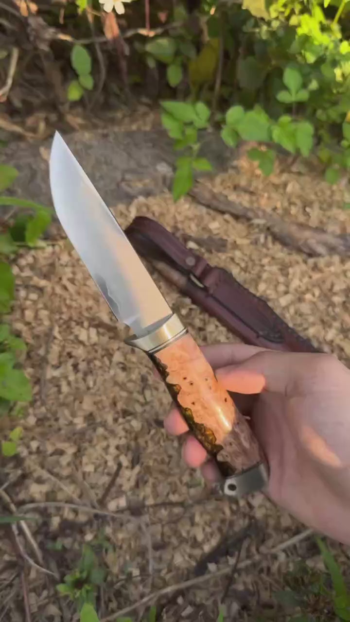 SKD11 Full Tang Fixed Blade Outdoor Knife | Burl Wood Handle & Leather Sheath