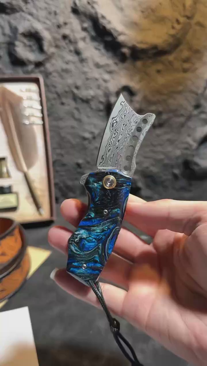 75-Layer Damascus Folding Knife – Galaxy Resin Handle