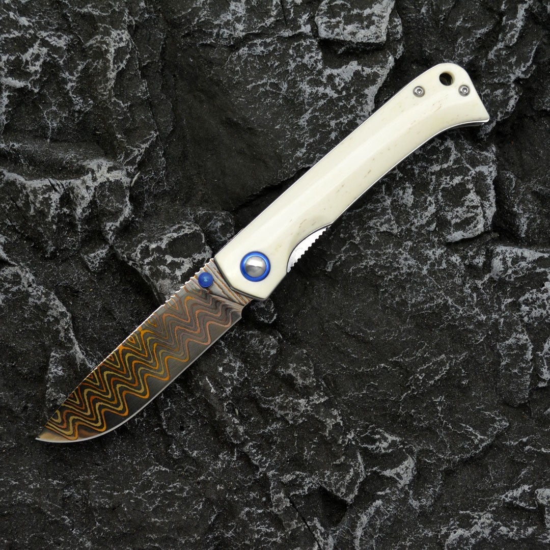 7.5''New Grade Copper Damascus Blade Bone Handle Camping EDC Folding Knife VTF13