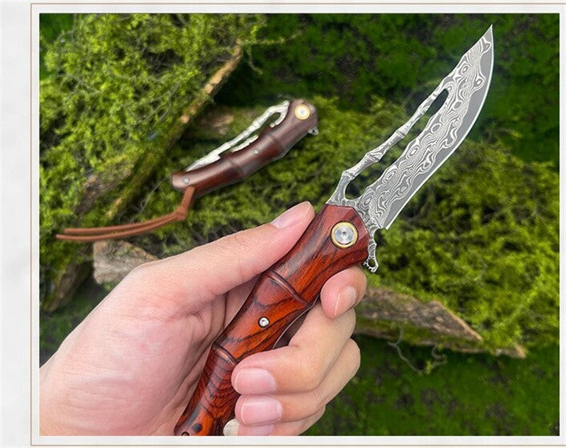 8'' New Fast Opening VG10 Damascus Blade Wood Handle Pocket Folding Knife VTF83