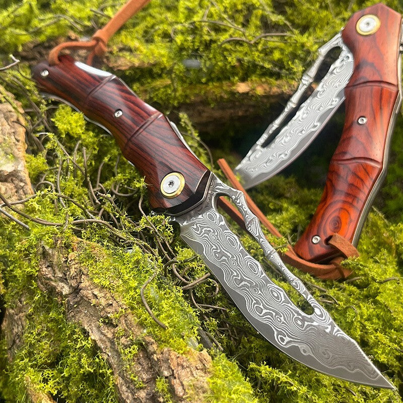 8'' New Fast Opening VG10 Damascus Blade Wood Handle Pocket Folding Knife VTF83