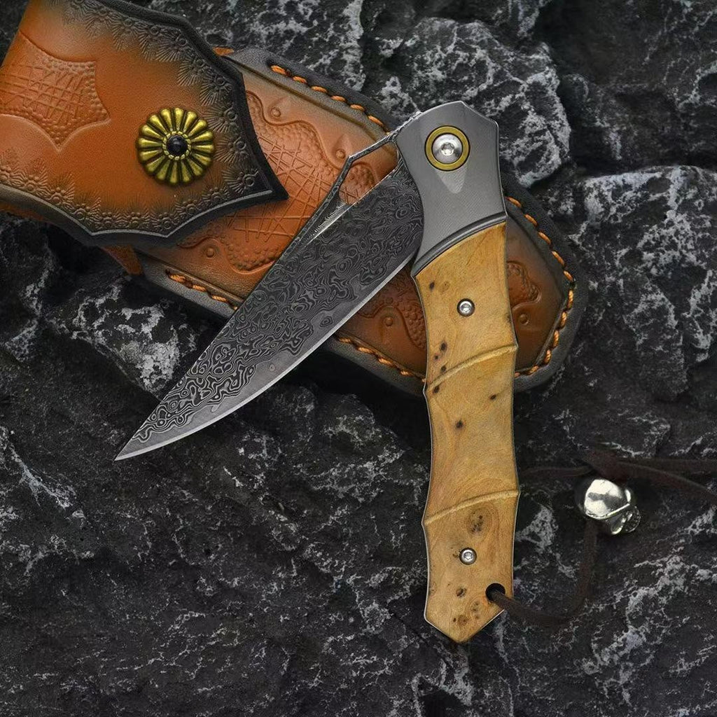 8'' New VG10 Damascus Blade Wood Handle Camping Pocket Folding Knife VTF183