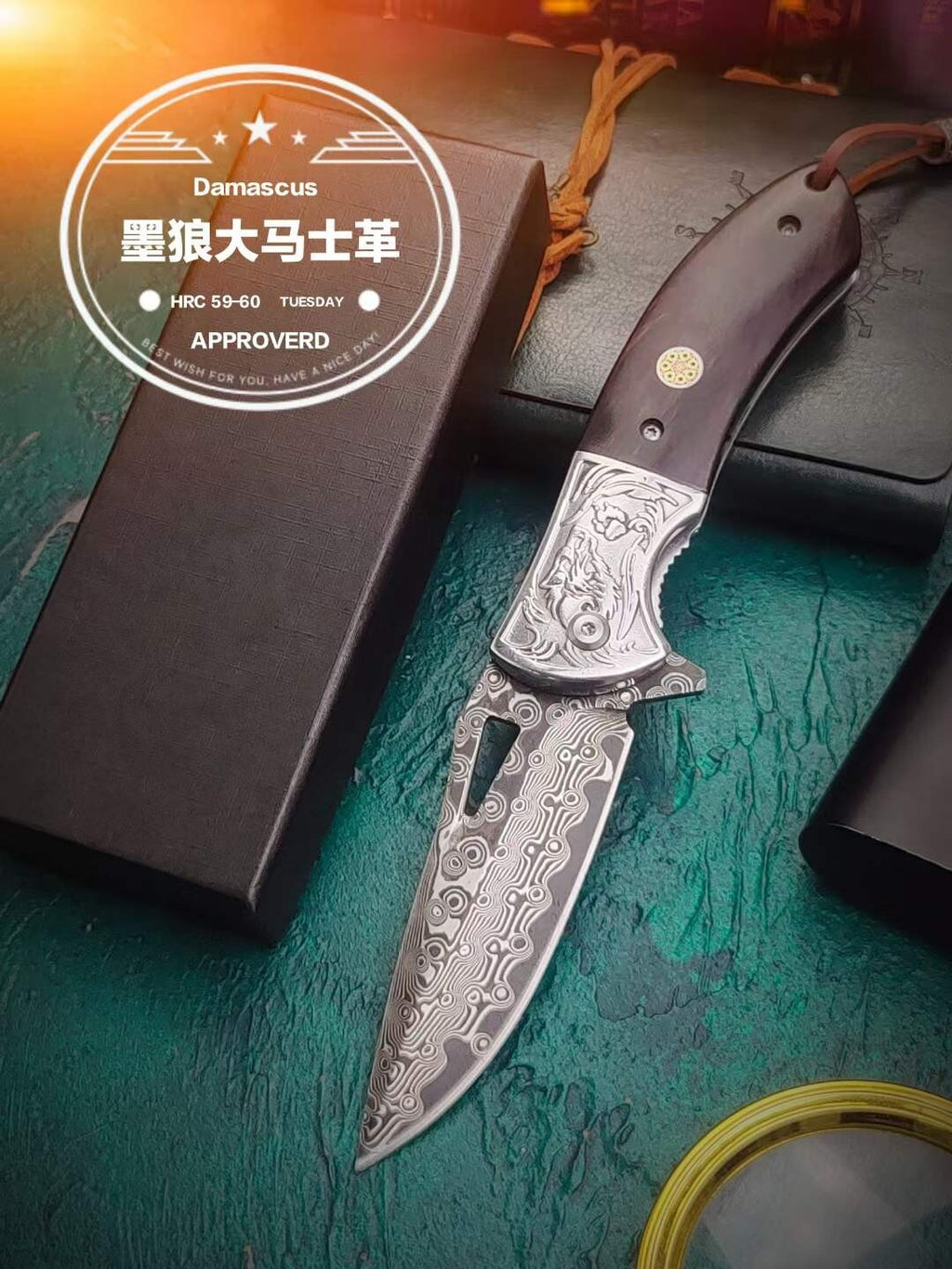8''New Ebony Handle VG10 Damascus Blade Pocket Folding Knife VTF45W